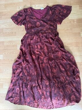 Joyfolie Burgundy Rose-Print V-Neck Maxi Dress